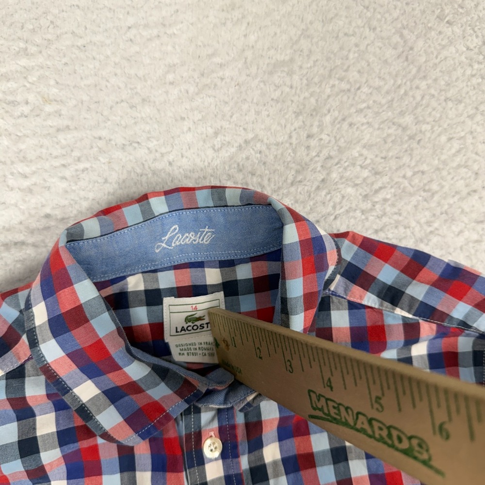 Lacoste Boys Button Up Red Blue Plaid Size 14 Premium Dress Shirt Long Sleeve - Picture 4 of 7